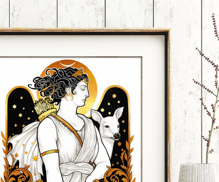 Artemis Goddess Printed Framed Art Artemis Goddess Printed Framed medusa dollmaker artemis diana diosa golden black and white print art print archery moon stars filigree art nouveau