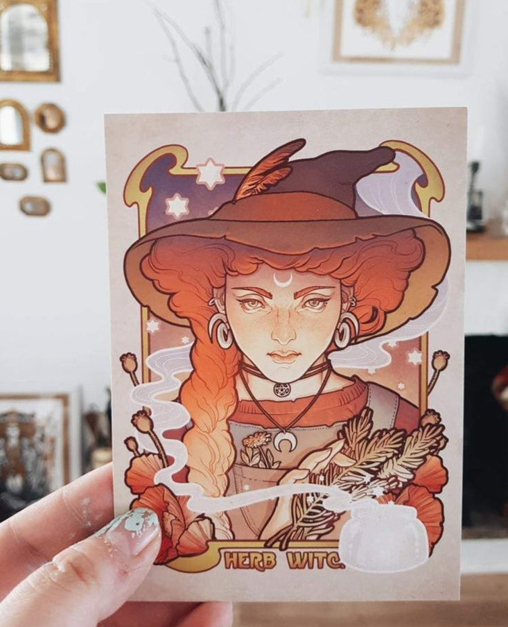 HERB WITCH Art Printed Framed POSTCARD NOUVEAU RED HAIR STARS SMOKE