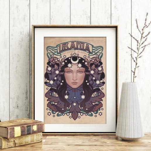 URANIA MUSE NYX Printed Framed Art BEIGE STARS MOON VIOLET