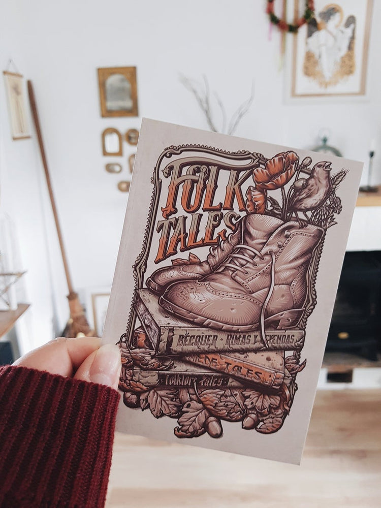 Folk TALES POSTCARD BOOTS WITCHES NATURAL FOLK  BOOKS POPPIES POSTCARD