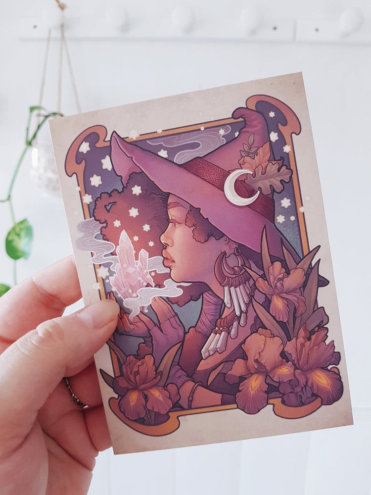 CRYSTAL WITCH Framed Art black witch moon hat purple magic flowers
