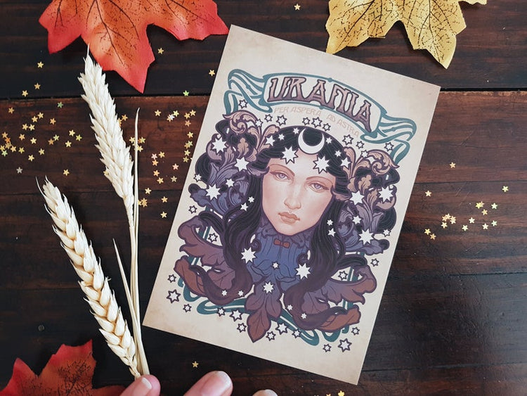 URANIA MUSE NYX Printed Framed Art BEIGE STARS MOON VIOLET POSTCARD
