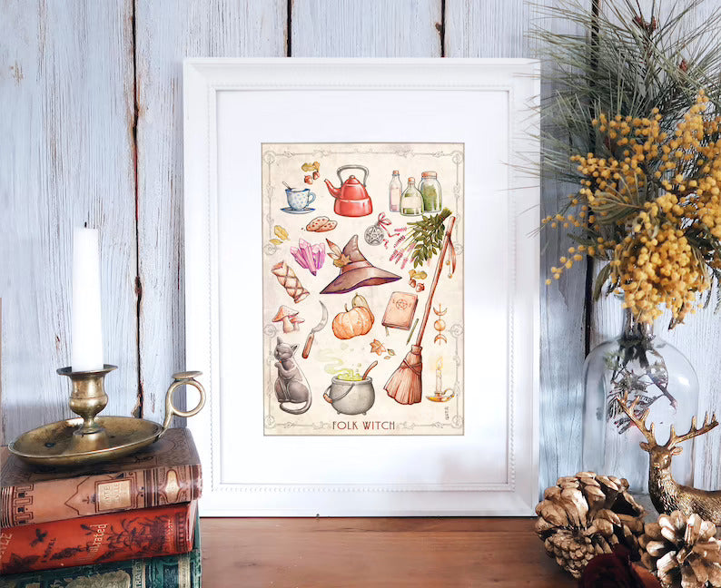 DIGITAL PRINTABLE - KITCHEN WITCH WATERCOLOR FOLK ELEMENTS + BONUS FILES - ORIGINAL BY MEDUSA DOLLMAKER