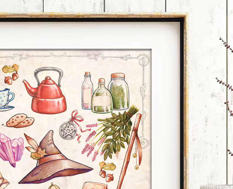 DIGITAL PRINTABLE - KITCHEN WITCH WATERCOLOR FOLK ELEMENTS + BONUS FILES - ORIGINAL BY MEDUSA DOLLMAKER
