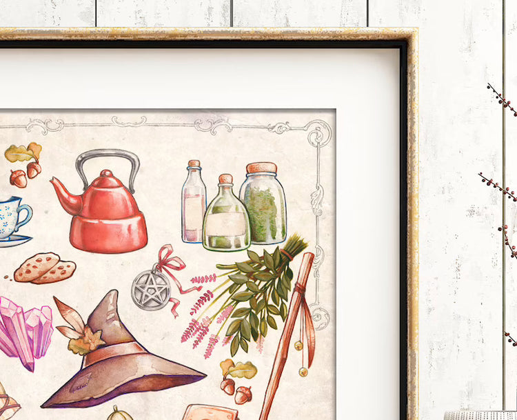 DIGITAL PRINTABLE - KITCHEN WITCH WATERCOLOR FOLK ELEMENTS + BONUS FILES - ORIGINAL BY MEDUSA DOLLMAKER
