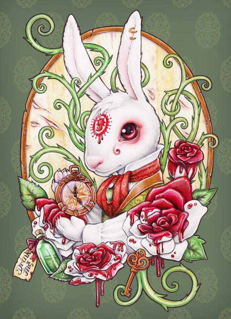 WHITE RABBIT HOLE Printed Framed Art | Medusa Dollmaker TALES CLOCK RED ROSES