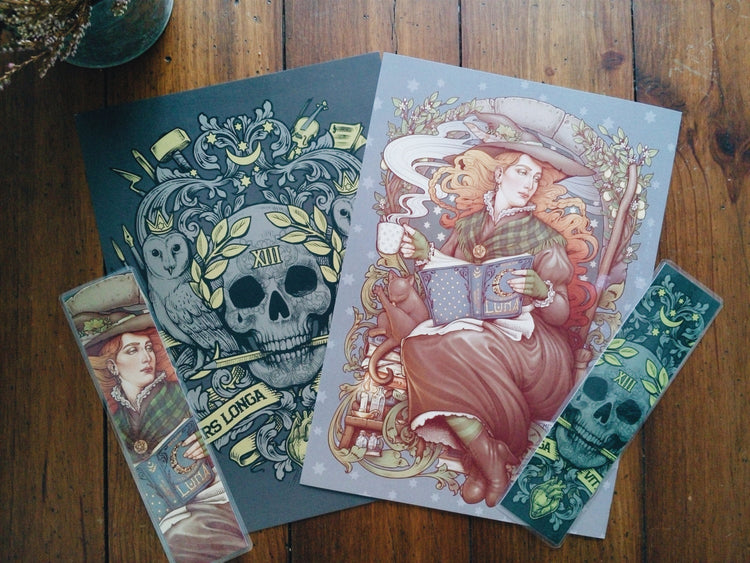 ars longa vita brevis print art A4 skulls anda marn owl golden grey black pencil art medusa dollmaker