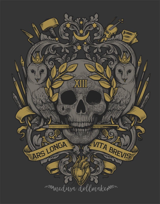 ars longa vita brevis print art A4 skulls anda marn owl golden grey black pencil art medusa dollmaker