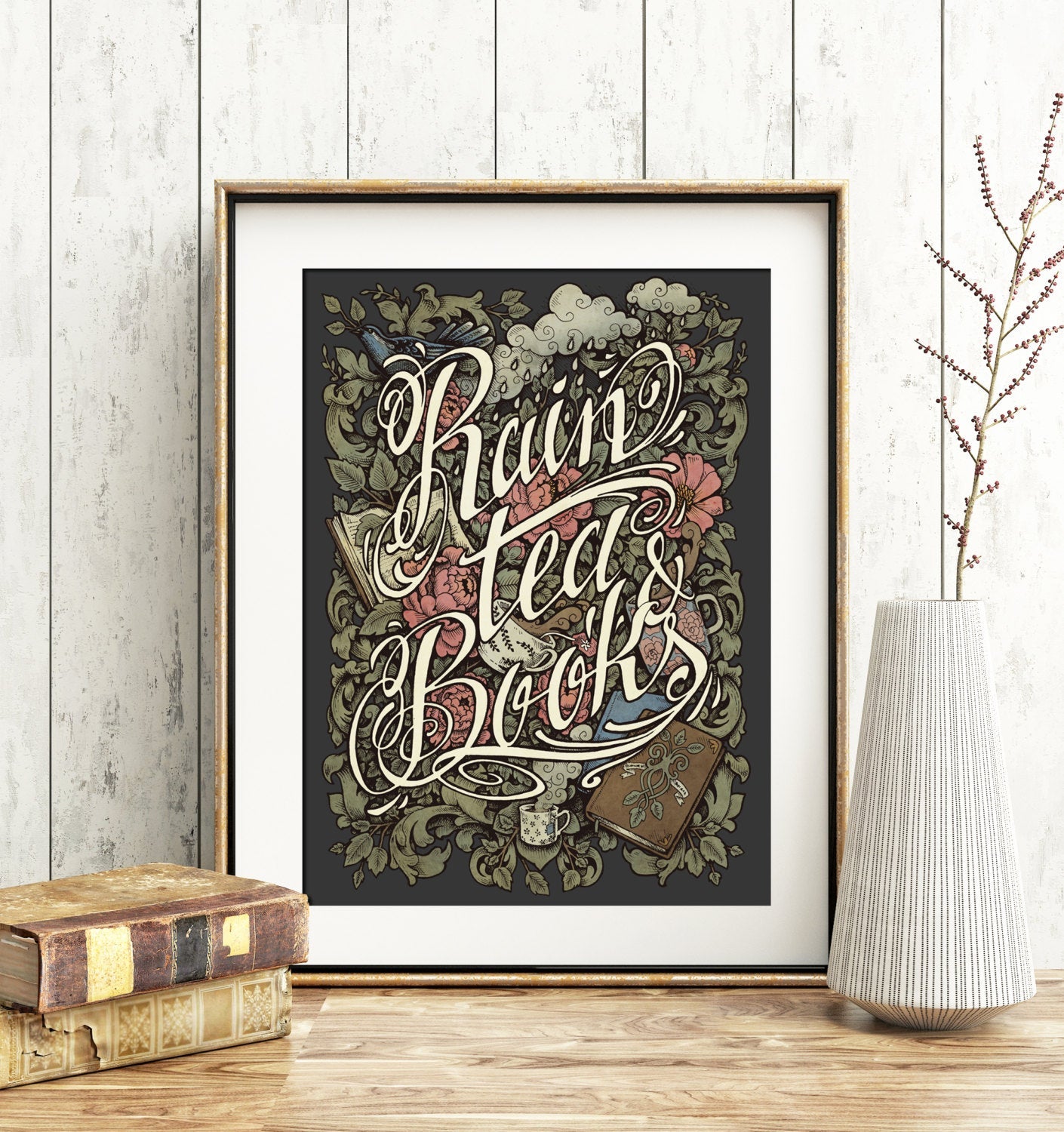 RAIN TEA BOOKS ART PRINT NOUVEAU MEDUSA DOLLMAKER HOME DECOR WINTER FALL