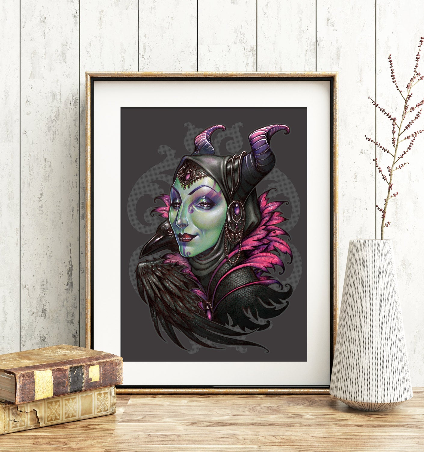 MALEFICENT WITCH ART PRINT SLEEPING BEAUTY BLACK AND PINK ORIGINAL PRINT