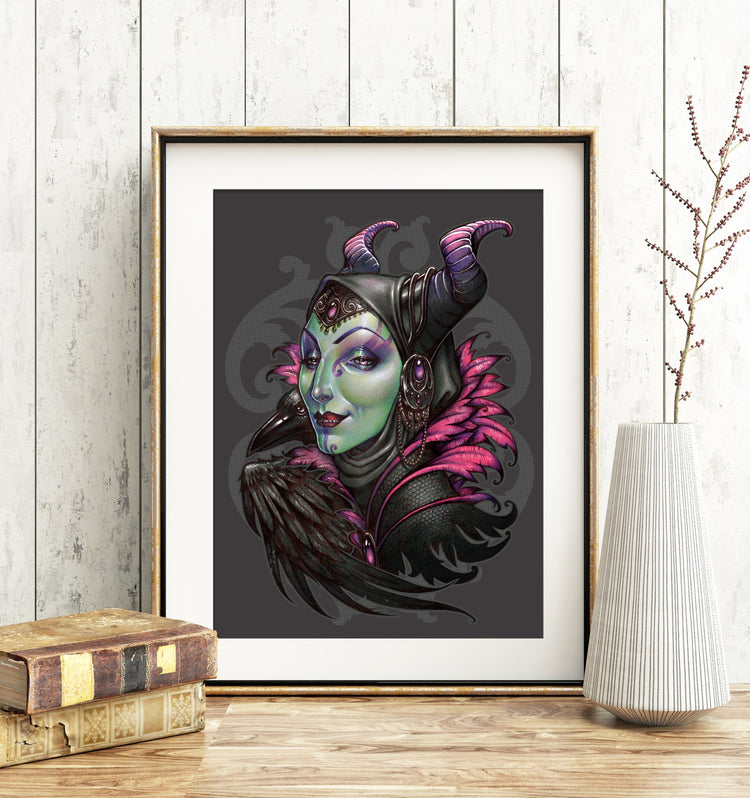 MALEFICENT WITCH ART PRINT SLEEPING BEAUTY BLACK AND PINK ORIGINAL PRINT