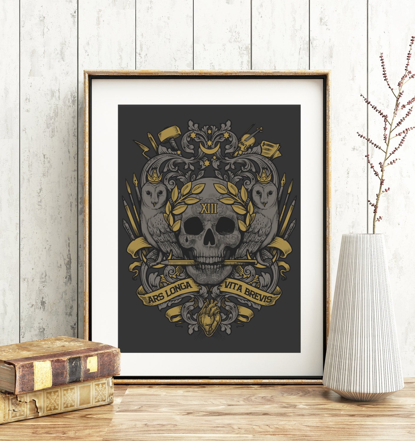ars longa vita brevis print art A4 skulls anda marn owl golden grey black pencil art medusa dollmaker