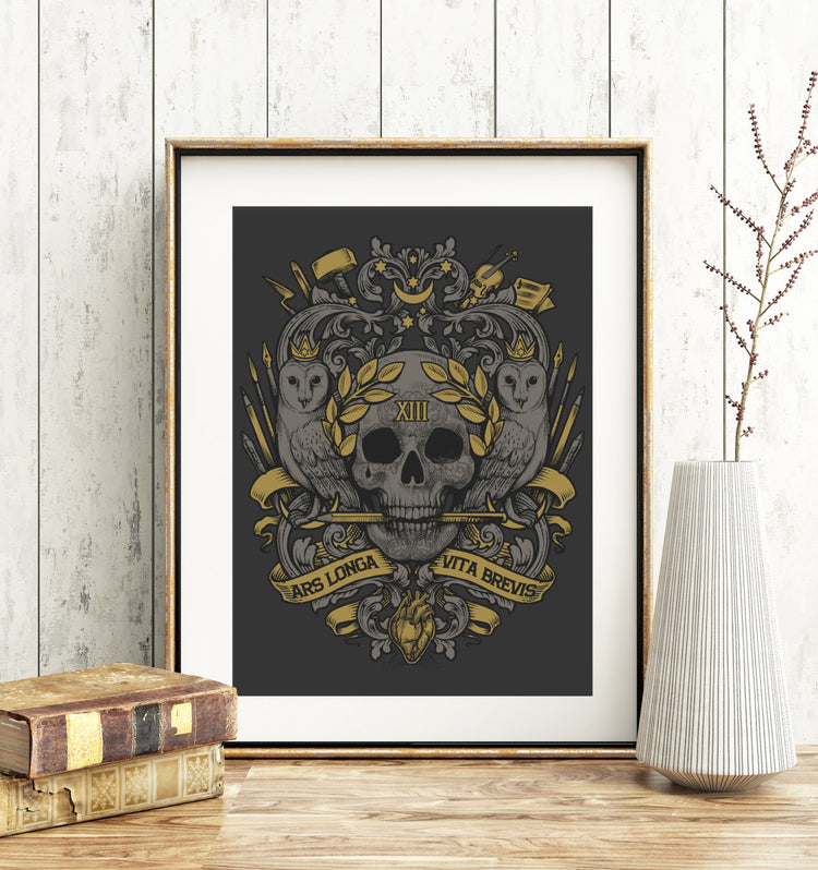 ars longa vita brevis print art A4 skulls anda marn owl golden grey black pencil art medusa dollmaker
