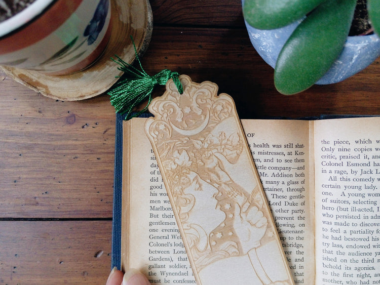 Witch Art Nouveau Laser Cut Wooden Bookmark WITCHY THINGS SKULL MOON STARS FILIGREE