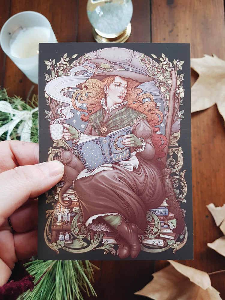 postcards art nouveau, witch, skull, mermaid, cheshire cat, wonderland, folk witch, iberian hecate, gamer nouveau, cosmic lover, sun and moon, stars, bohemian, wanderlust, boho