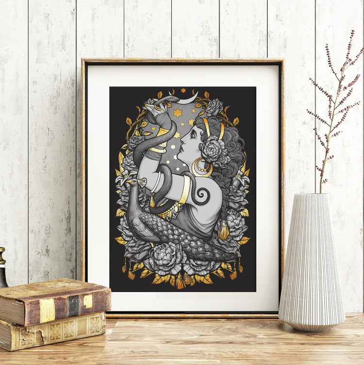 TRIBAL DANCER ART NOUVEAU SNAKE PRINT MOON STARS GOLDEN AND BLACK