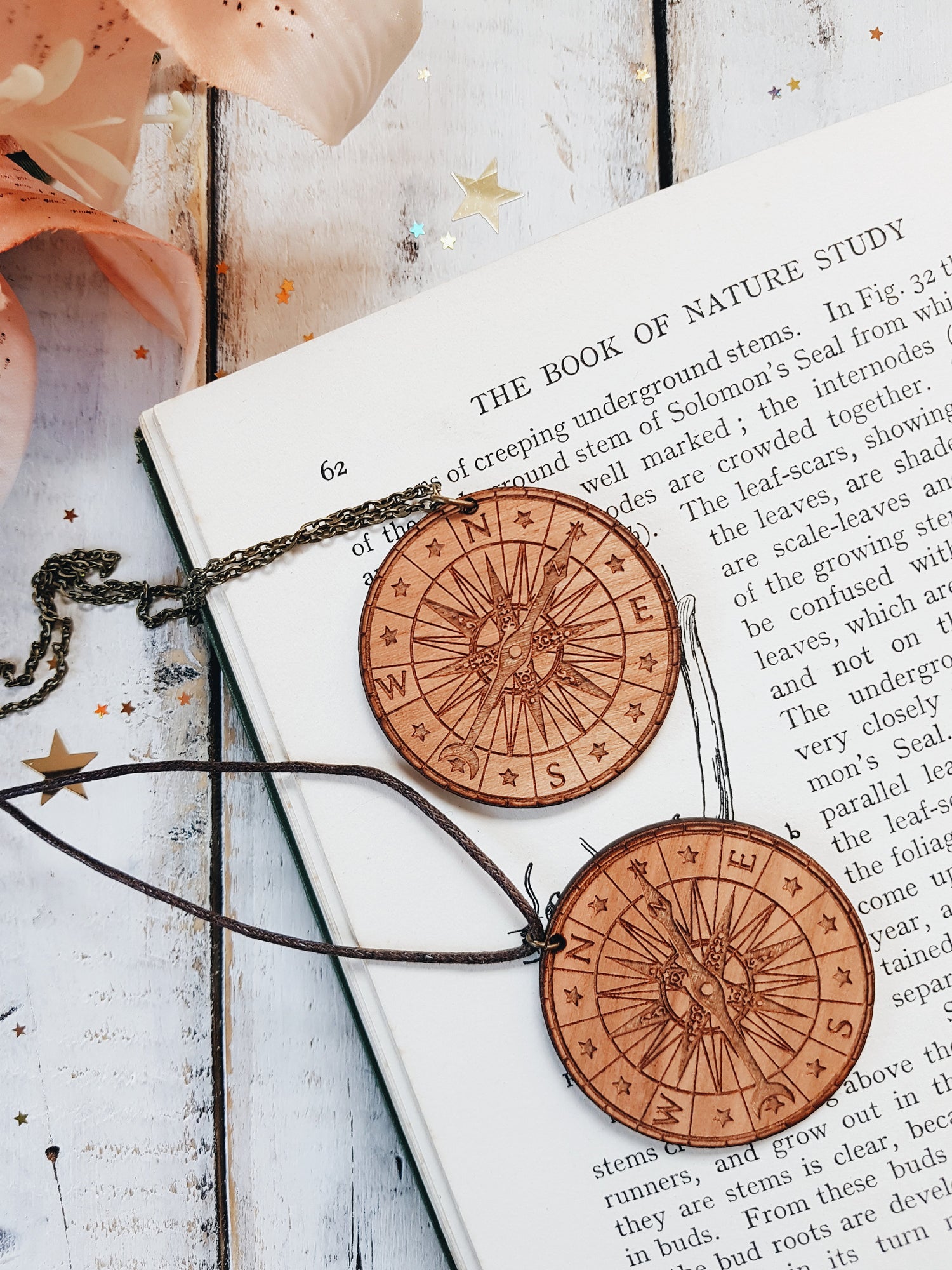 COMPASS NECKLACE WOOD PETER PAN TALES LASER CUT MEDUSA DOLLMAKER