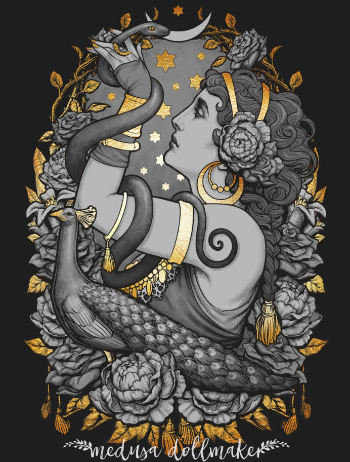 TRIBAL DANCER ART NOUVEAU SNAKE PRINT MOON STARS GOLDEN AND BLACK