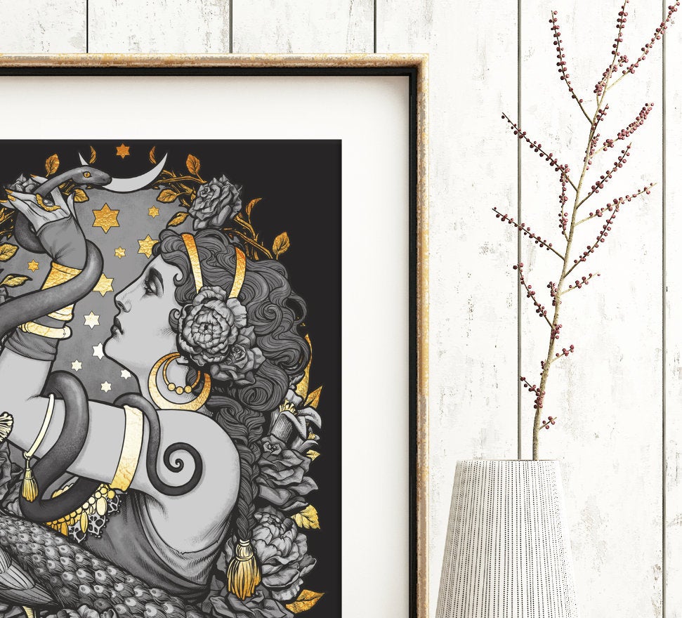 TRIBAL DANCER ART NOUVEAU SNAKE PRINT MOON STARS GOLDEN AND BLACK