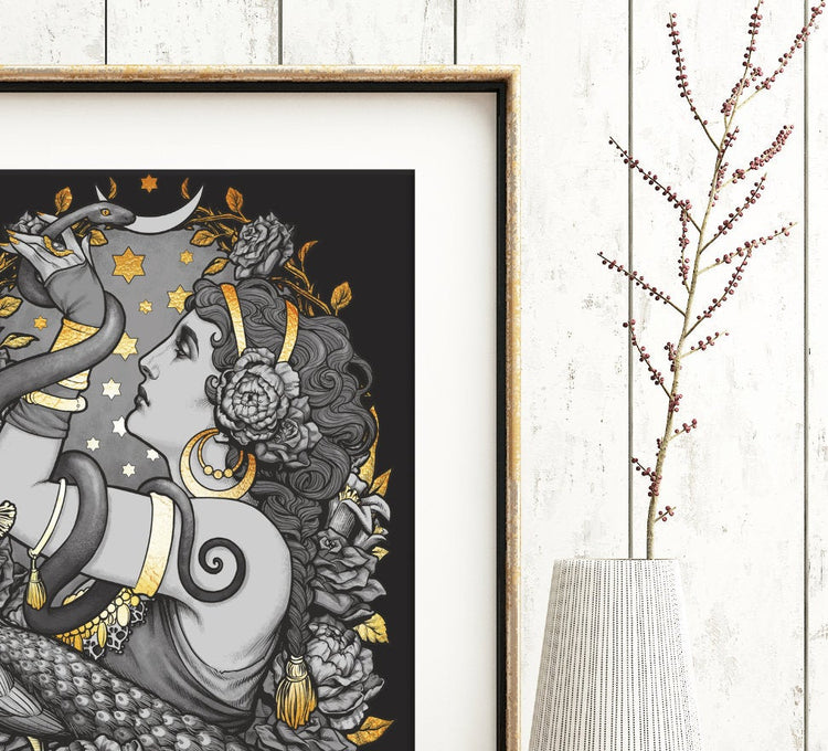TRIBAL DANCER ART NOUVEAU SNAKE PRINT MOON STARS GOLDEN AND BLACK