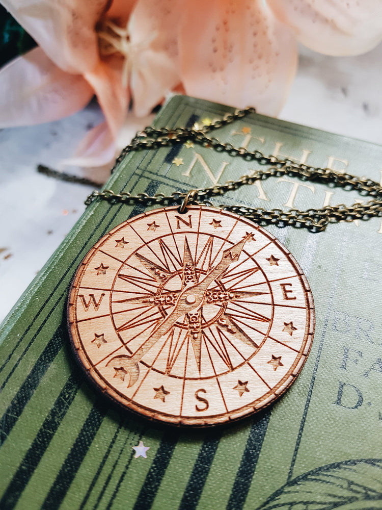 COMPASS NECKLACE WOOD PETER PAN TALES LASER CUT MEDUSA DOLLMAKER