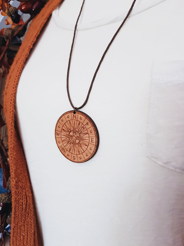 COMPASS NECKLACE WOOD PETER PAN TALES LASER CUT MEDUSA DOLLMAKER