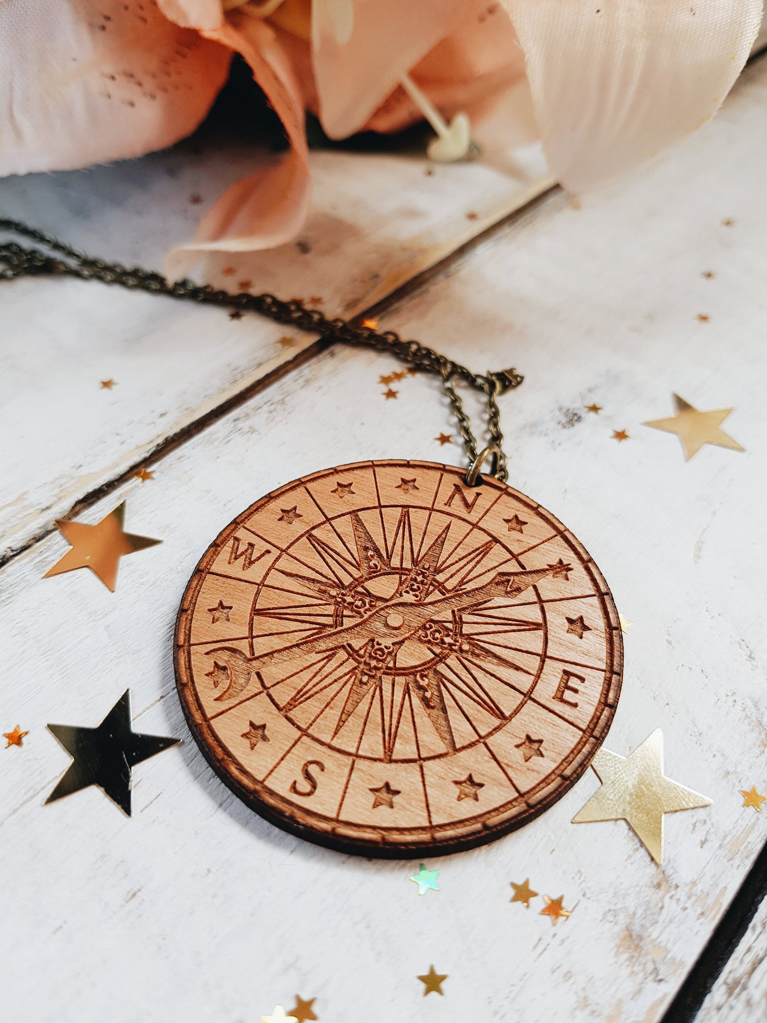 COMPASS NECKLACE WOOD PETER PAN TALES LASER CUT MEDUSA DOLLMAKER