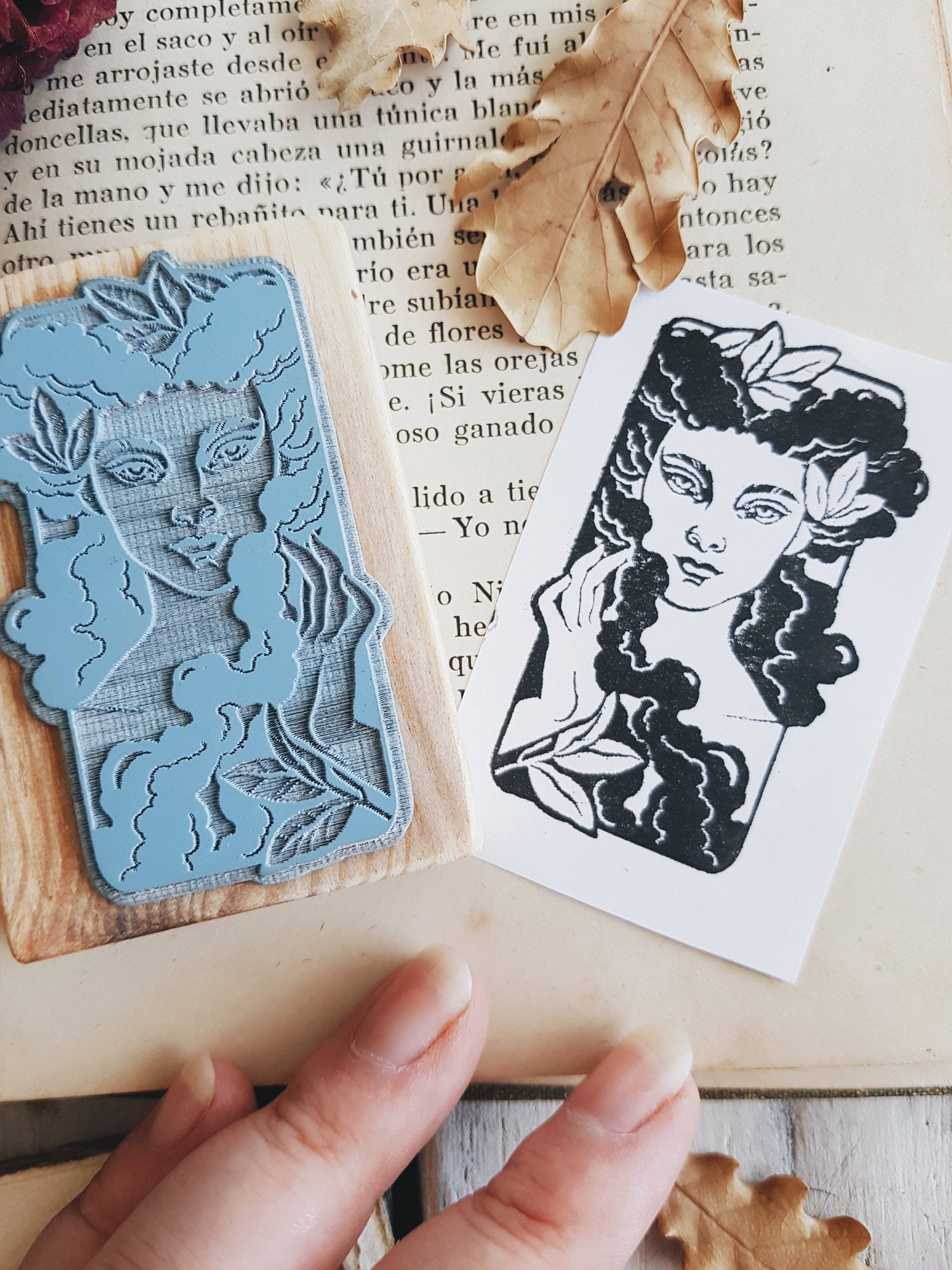 STAMP WOOD WOMAN FLOWER EX LIBRIS ART SEAL