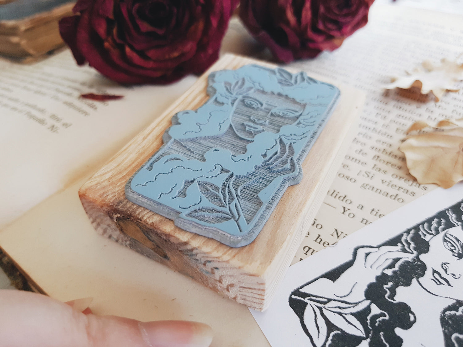 STAMP WOOD WOMAN FLOWER EX LIBRIS ART SEAL 