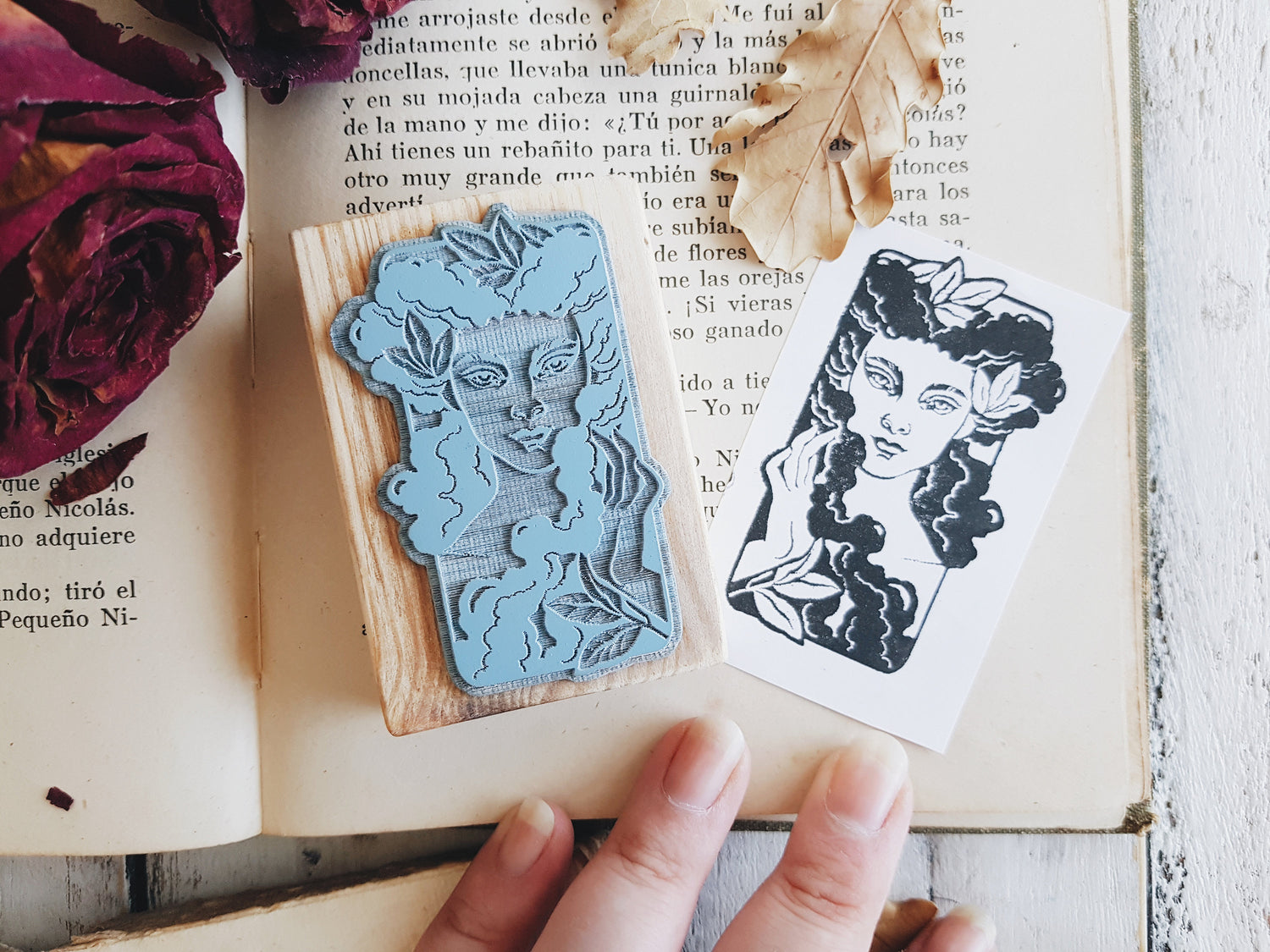 STAMP WOOD WOMAN FLOWER EX LIBRIS ART SEAL