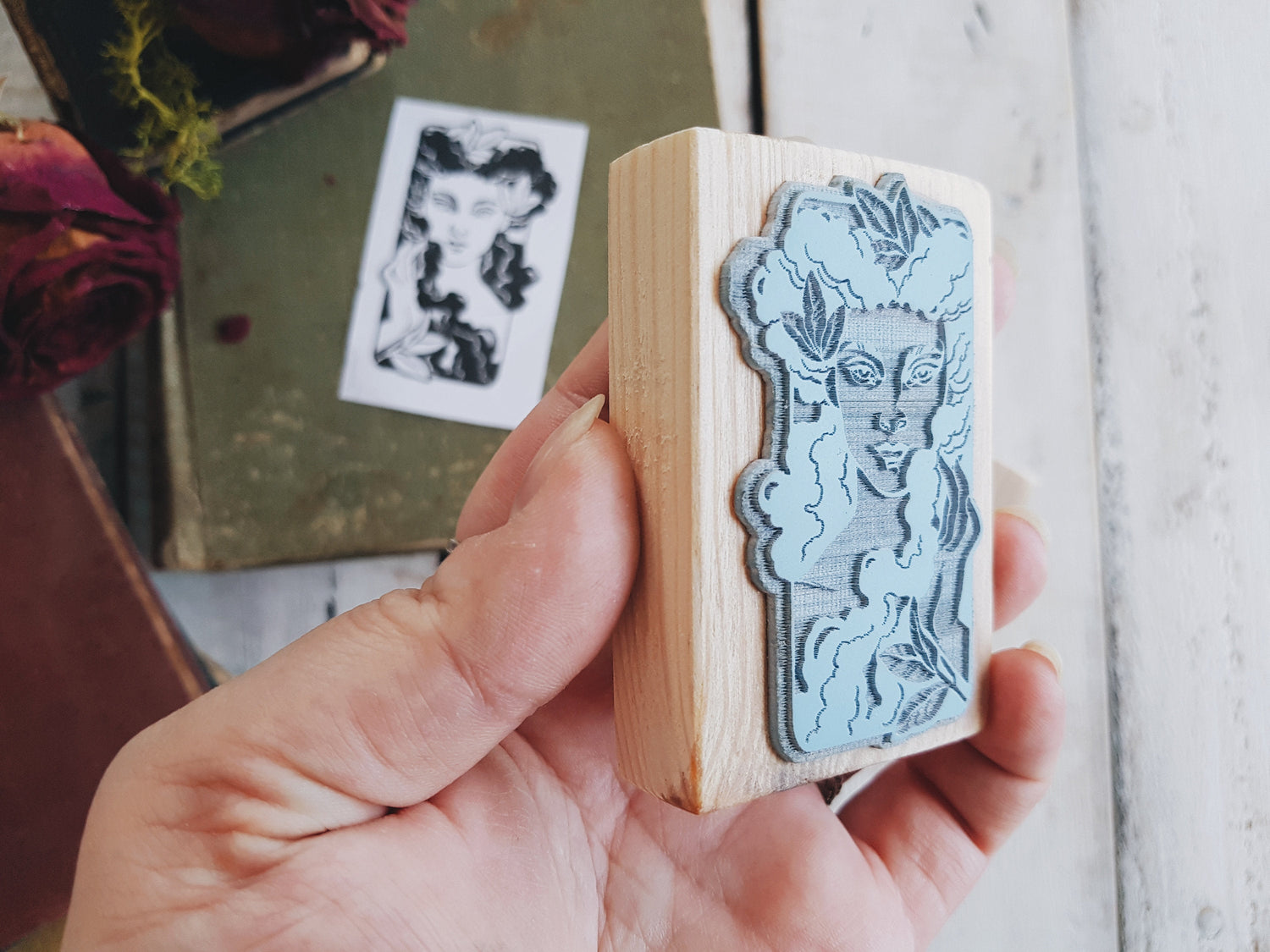 STAMP WOOD WOMAN FLOWER EX LIBRIS ART SEAL