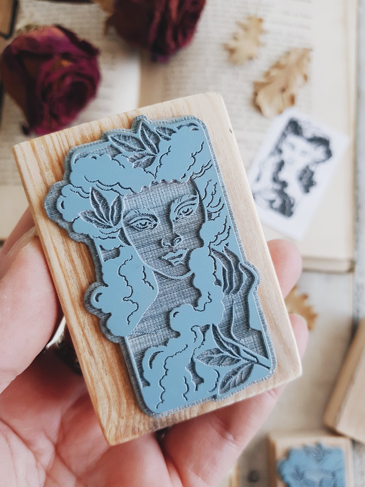 STAMP WOOD WOMAN FLOWER EX LIBRIS ART SEAL