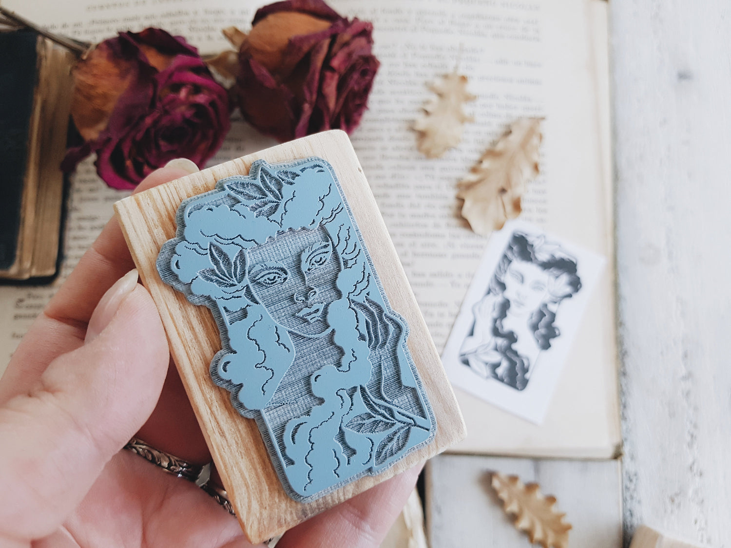 STAMP WOOD WOMAN FLOWER EX LIBRIS ART SEAL