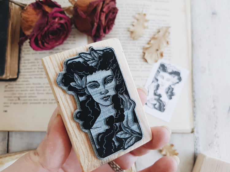 STAMP WOOD WOMAN FLOWER EX LIBRIS ART SEAL