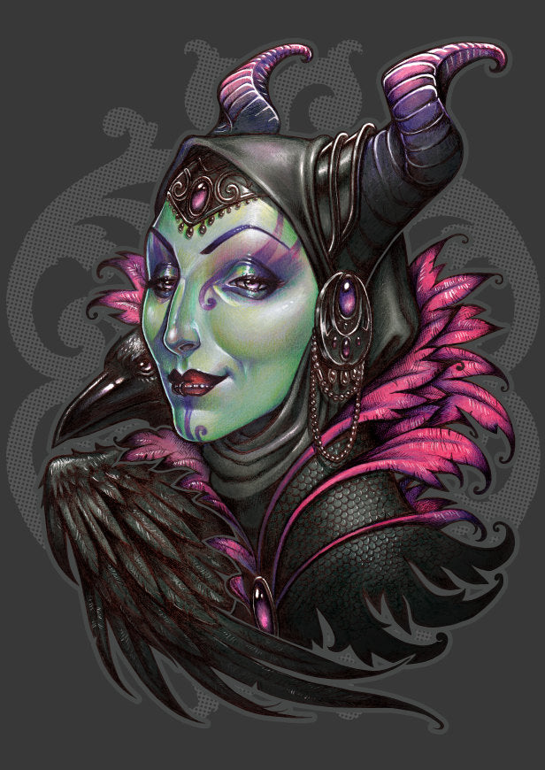 MALEFICENT WITCH ART PRINT SLEEPING BEAUTY BLACK AND PINK ORIGINAL PRINT