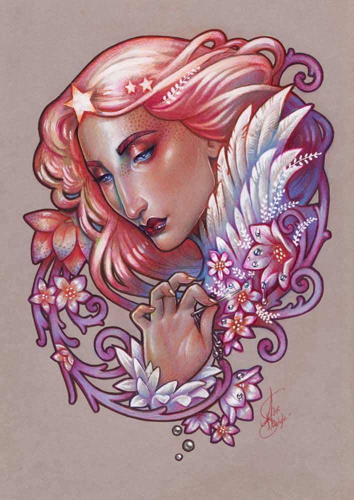 morning star medusa dollmaker red hair stars and wings woman astronomy morning art pastel colours redhair art nouveau