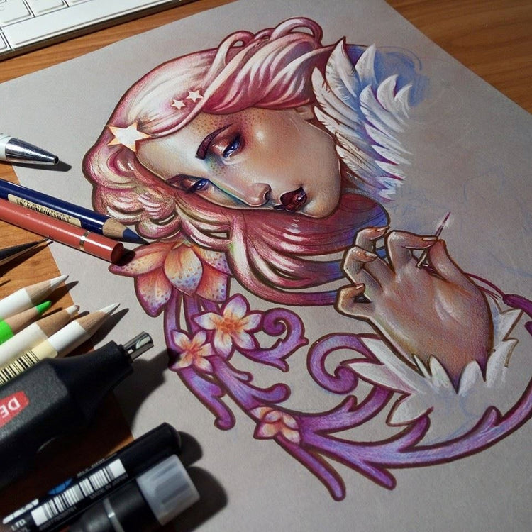 morning star medusa dollmaker red hair stars and wings woman astronomy morning art pastel colours redhair art nouveau