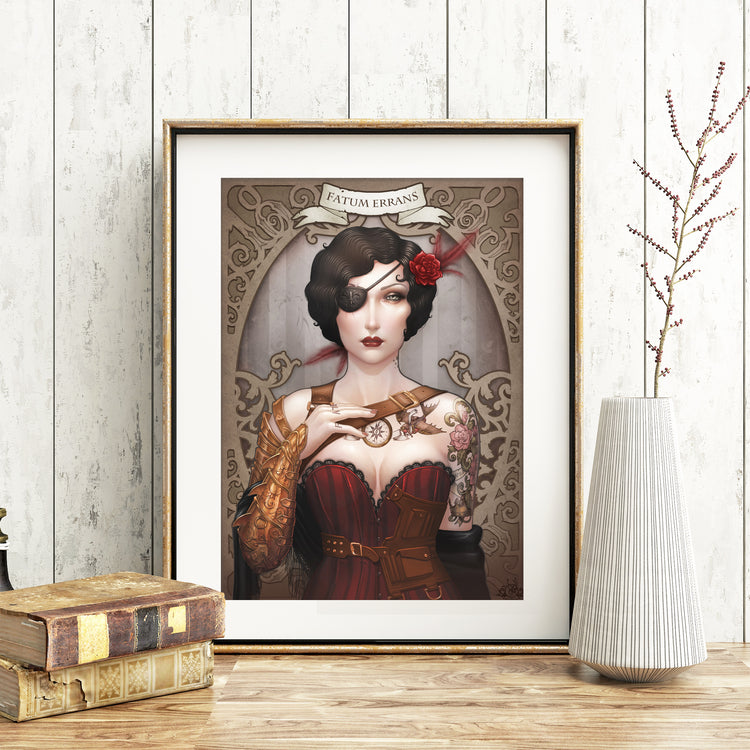 STEAMPUNK ART PRINT RED CORSET NOUVEAU