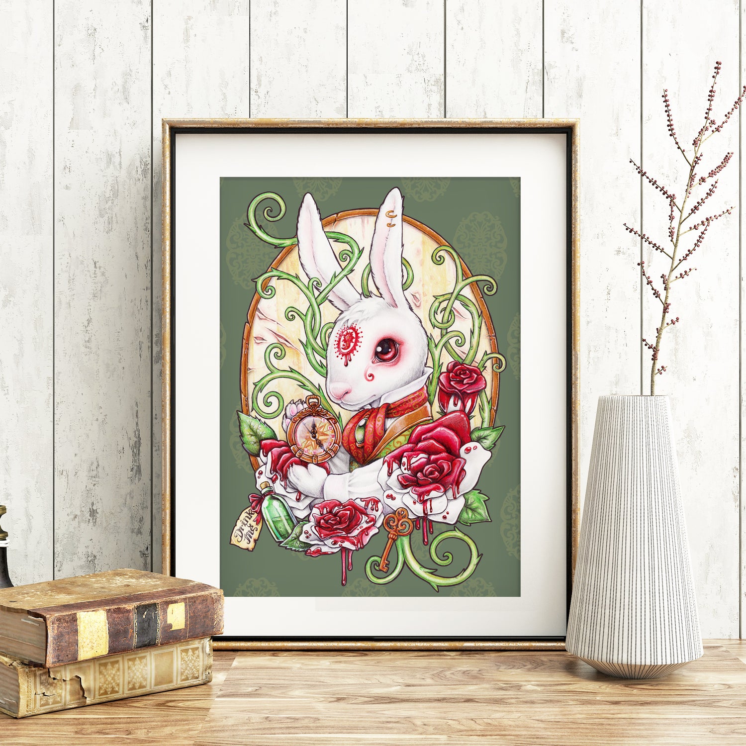WHITE RABBIT HOLE Printed Framed Art | Medusa Dollmaker TALES CLOCK RED ROSES