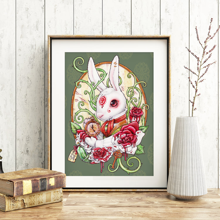 WHITE RABBIT HOLE Printed Framed Art | Medusa Dollmaker TALES CLOCK RED ROSES