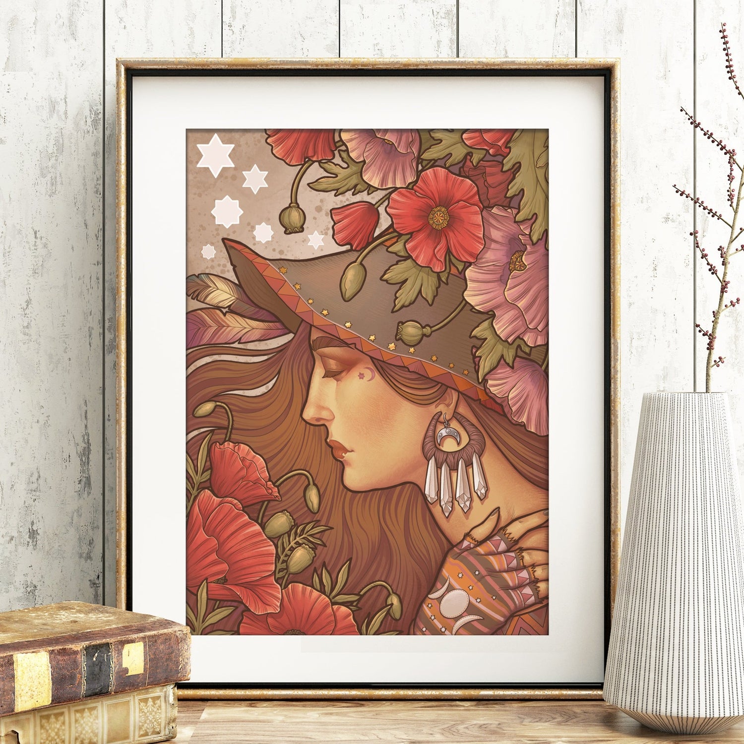 POPPY WITCH Printed Framed Art PRINT FLOWER RED PINK BROWN HAIR STARS