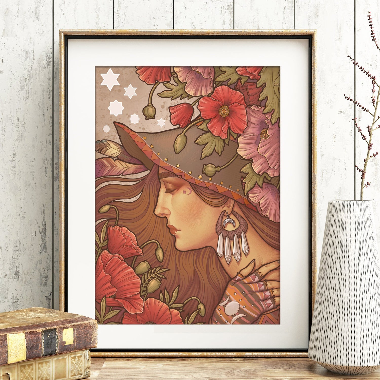 POPPY WITCH Printed Framed Art PRINT FLOWER RED PINK BROWN HAIR STARS 