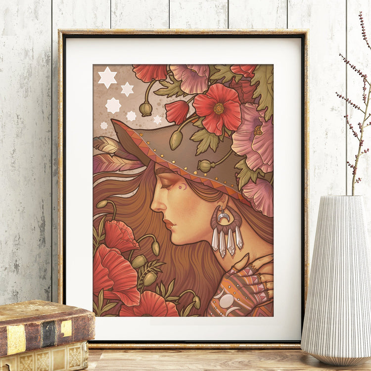 POPPY WITCH Printed Framed Art PRINT FLOWER RED PINK BROWN HAIR STARS