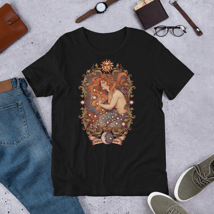 t-shirt cosmic lover stars sun moon filigree green and blue red hair scene ideal moon witchcraft witch clothes art nouveau medusa dollmaker light cotton unisex