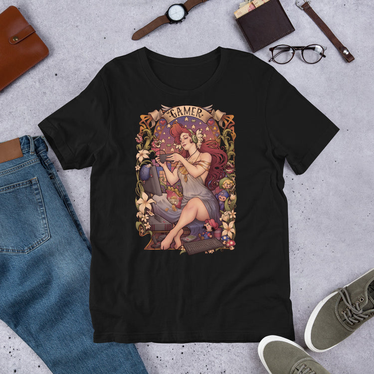 t-shirt gamer red hair nintendo flowers girl videogames art nouveau medusa dollmaker light cotton unisex