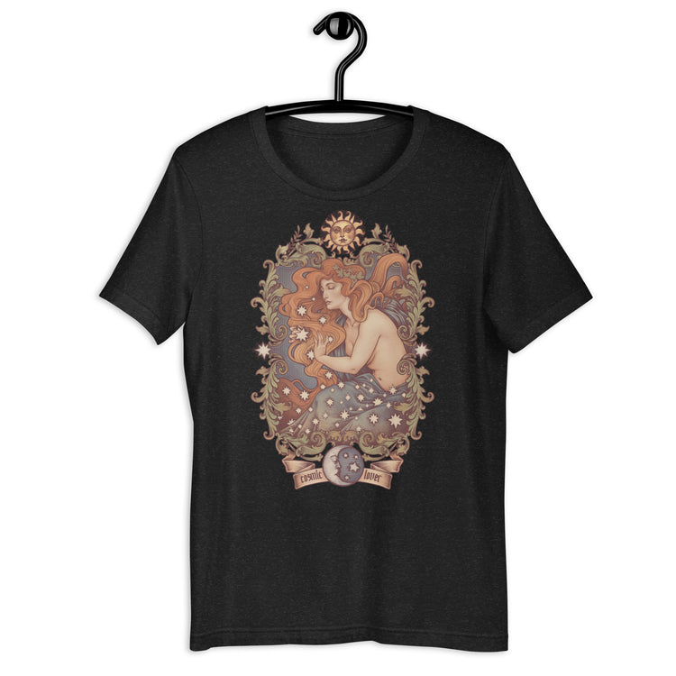 t-shirt cosmic lover stars sun moon filigree green and blue red hair scene ideal moon witchcraft witch clothes art nouveau medusa dollmaker light cotton unisex