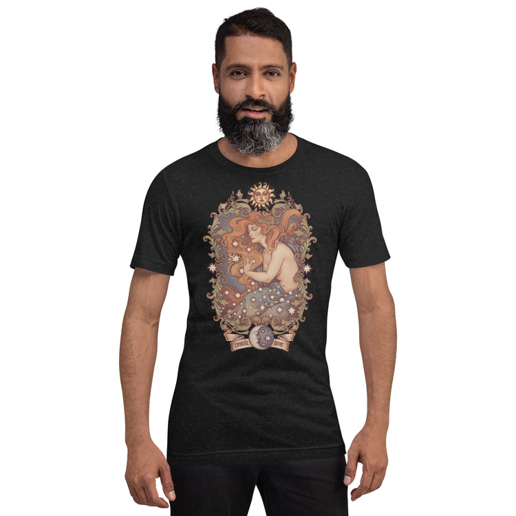 t-shirt cosmic lover stars sun moon filigree green and blue red hair scene ideal moon witchcraft witch clothes art nouveau medusa dollmaker light cotton unisex