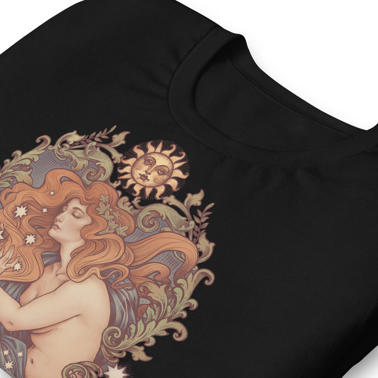 t-shirt cosmic lover stars sun moon filigree green and blue red hair scene ideal moon witchcraft witch clothes art nouveau medusa dollmaker light cotton unisex