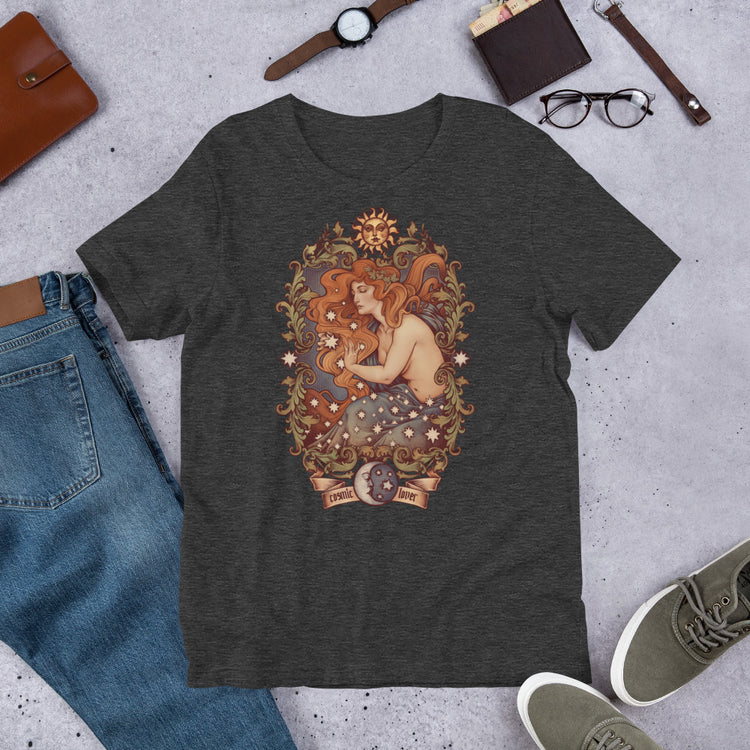 t-shirt cosmic lover stars sun moon filigree green and blue red hair scene ideal moon witchcraft witch clothes art nouveau medusa dollmaker light cotton unisex