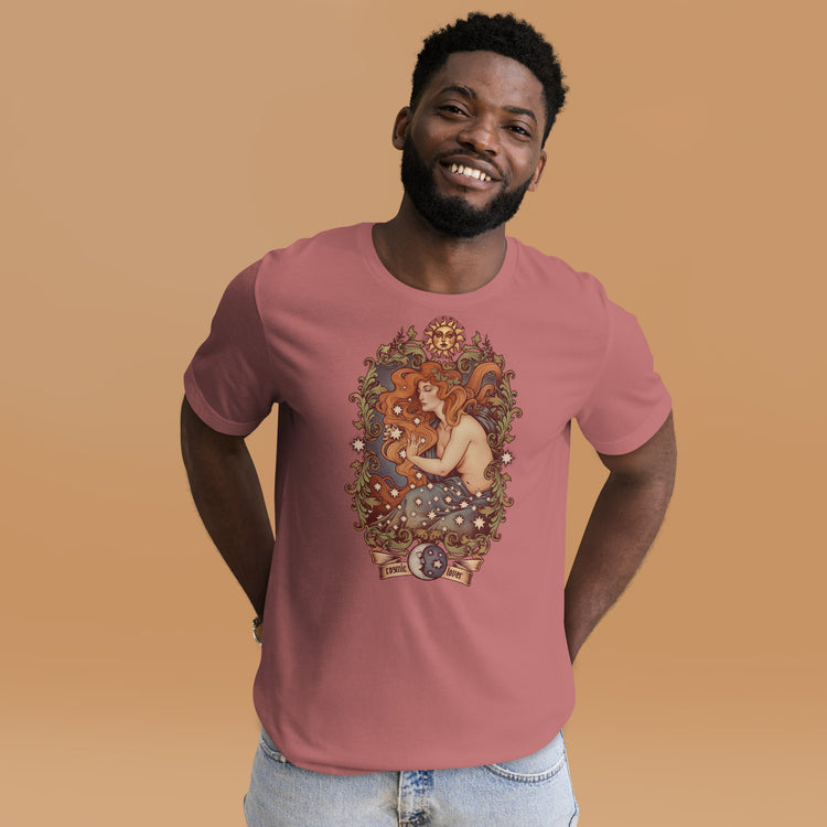 t-shirt cosmic lover stars sun moon filigree green and blue red hair scene ideal moon witchcraft witch clothes art nouveau medusa dollmaker light cotton unisex